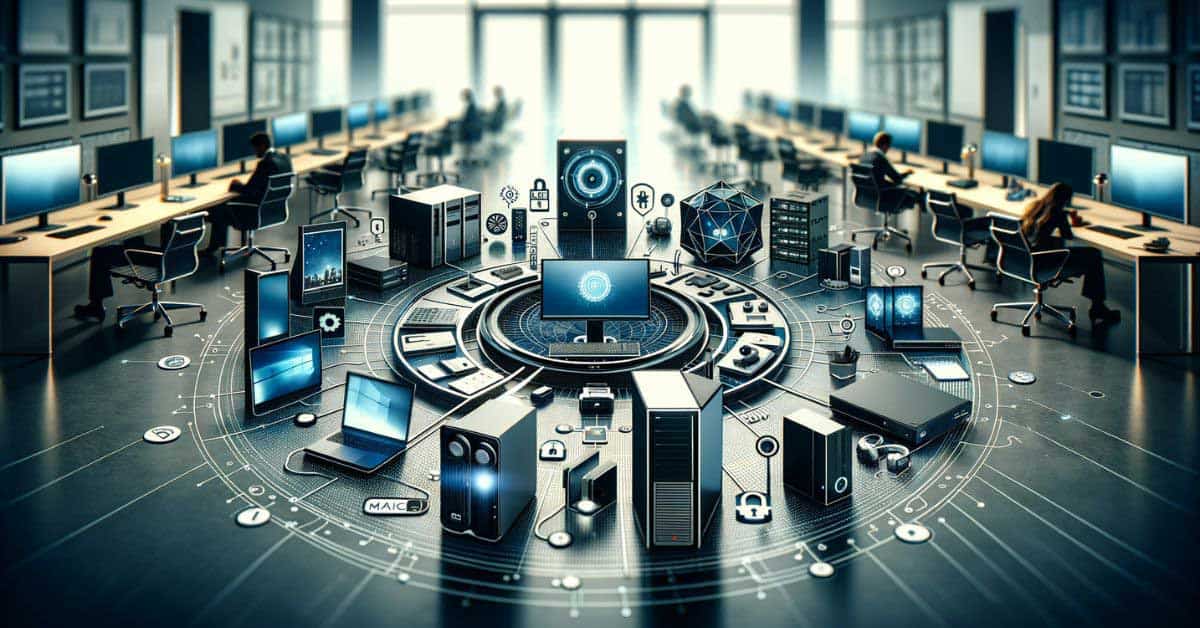 Business office full of computers and monitors illustrating a data center