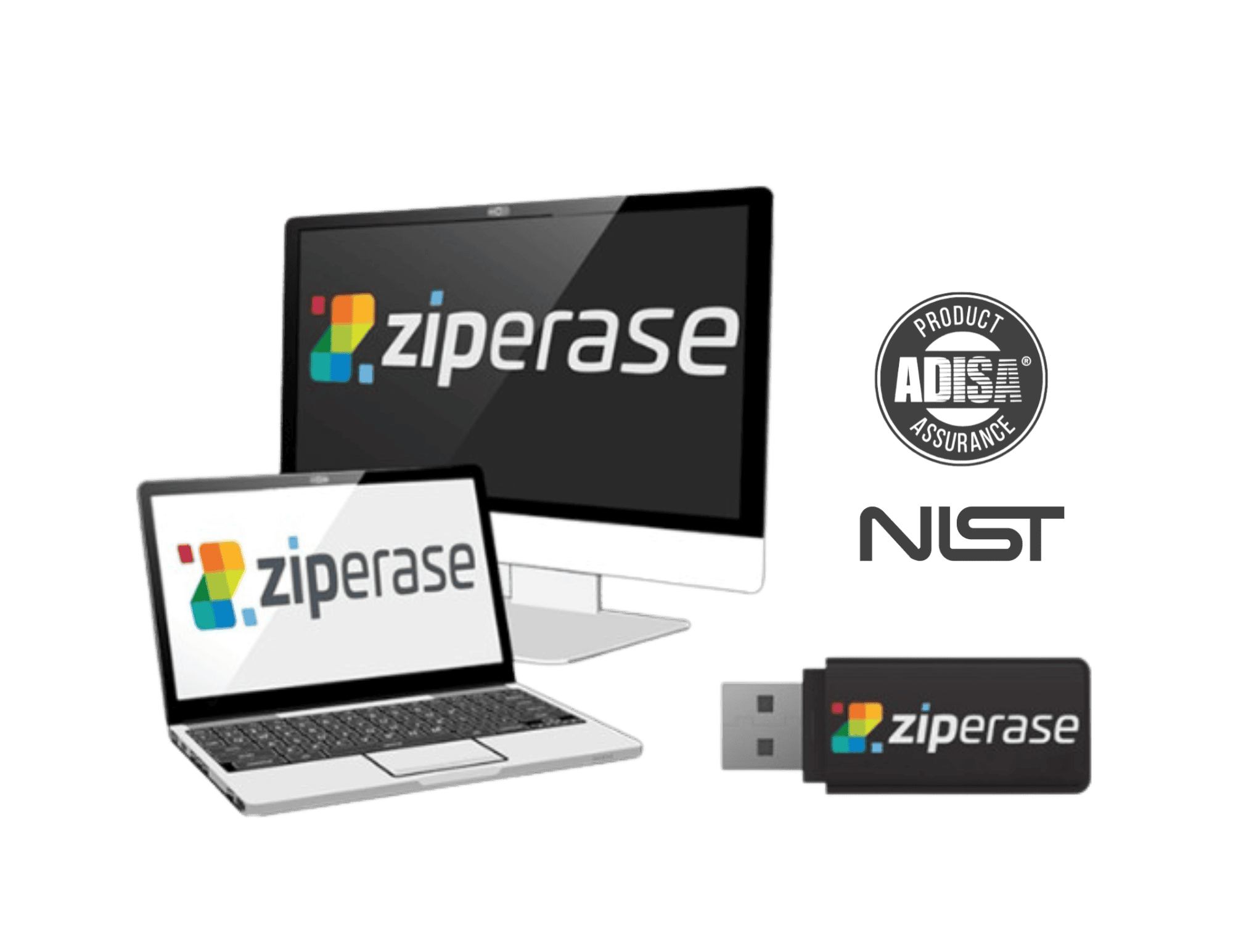 desktop computer, laptop computer and usb drive all with Ziperase logo on their screens